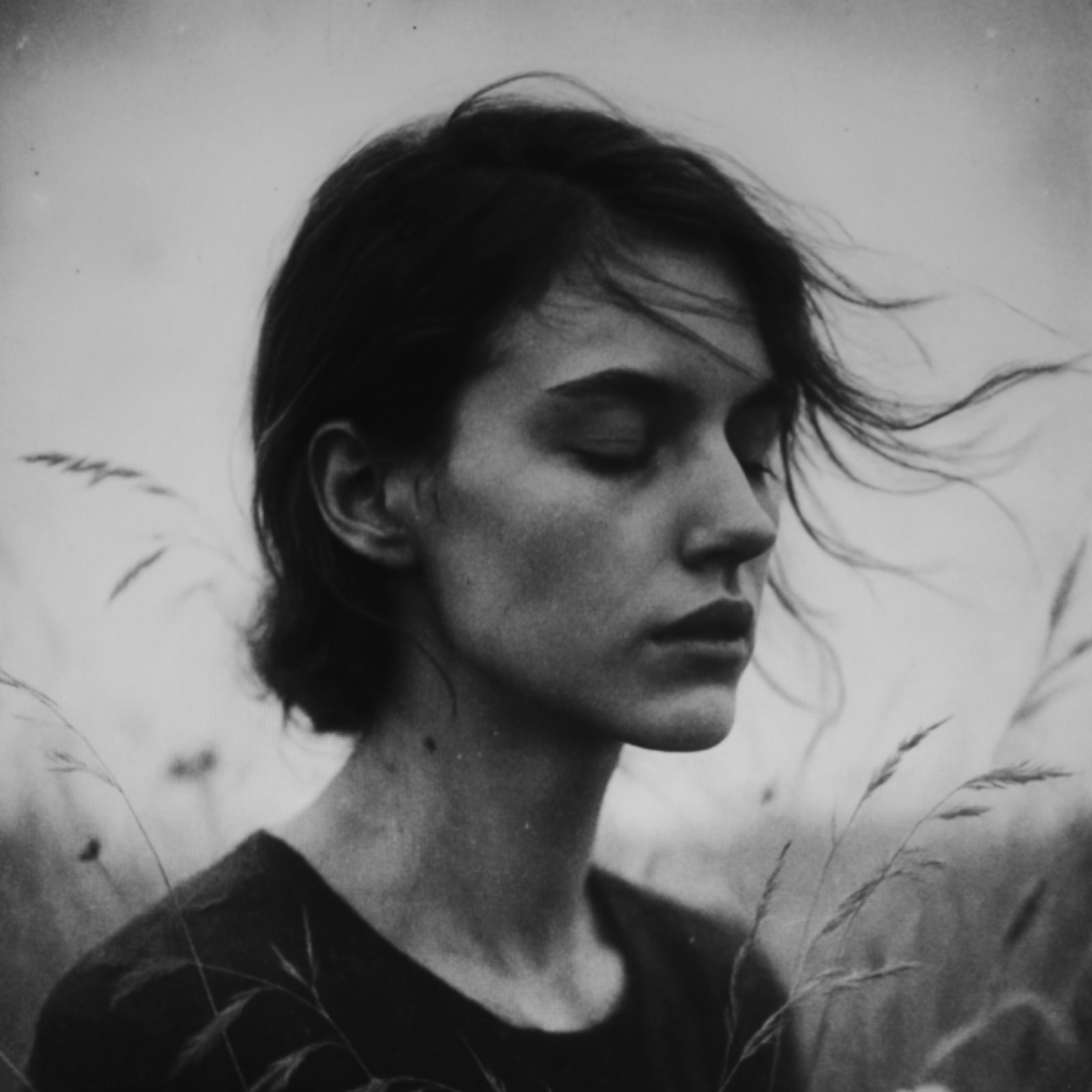 Ritratto in bianco e nero di una ragazza con occhi chiusi tra erba mossa dal vento in atmosfera silenziosa Black and white portrait of a girl with closed eyes among wind moved grass in a quiet atmosphere