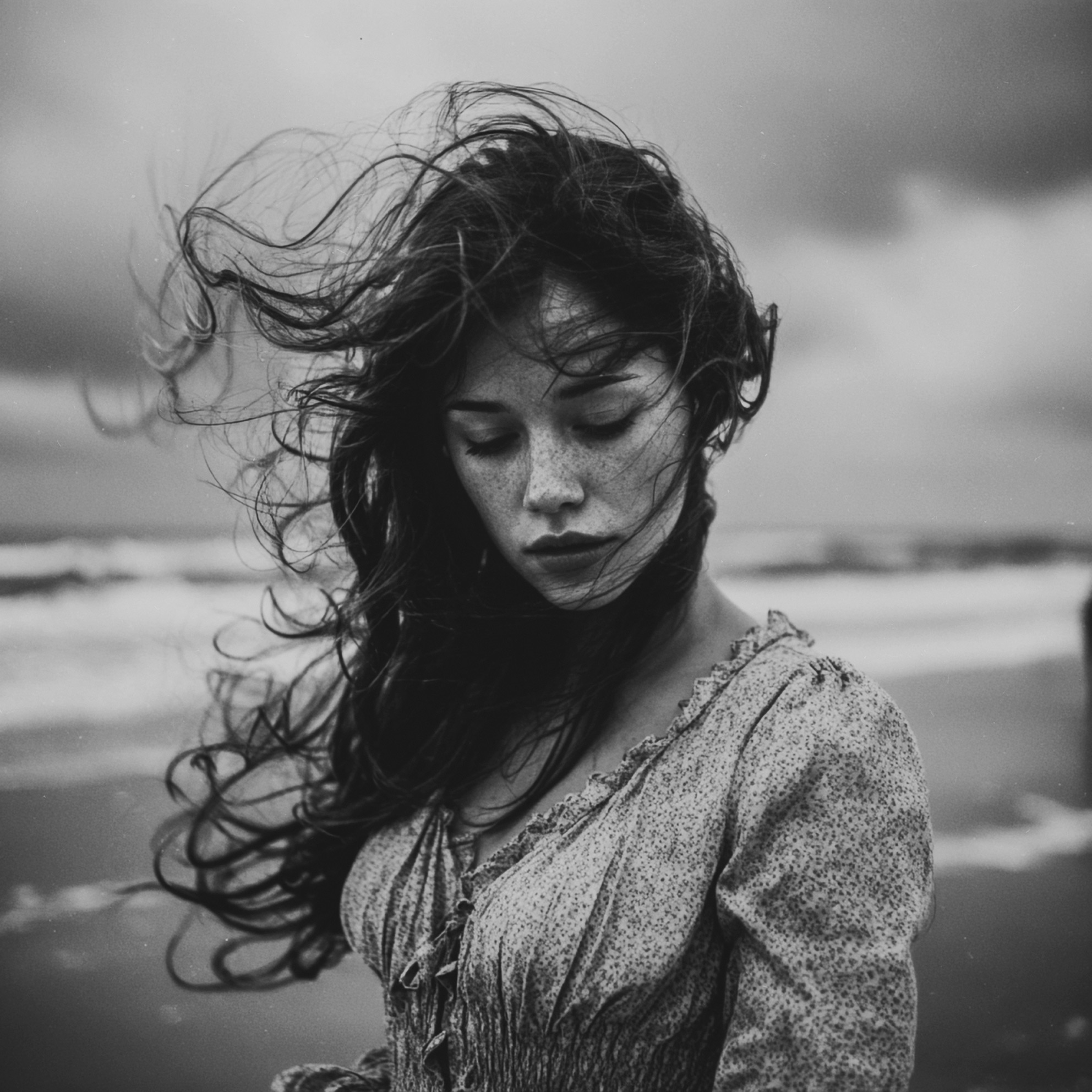 Donna ritratta sulla spiaggia in bianco e nero, il vento attraversa i capelli mentre il mare sullo sfondo crea una scena intima e contemplativa, a woman portrayed on a beach in black and white, wind flowing through her hair while the sea in the background creates an intimate and contemplative scene.