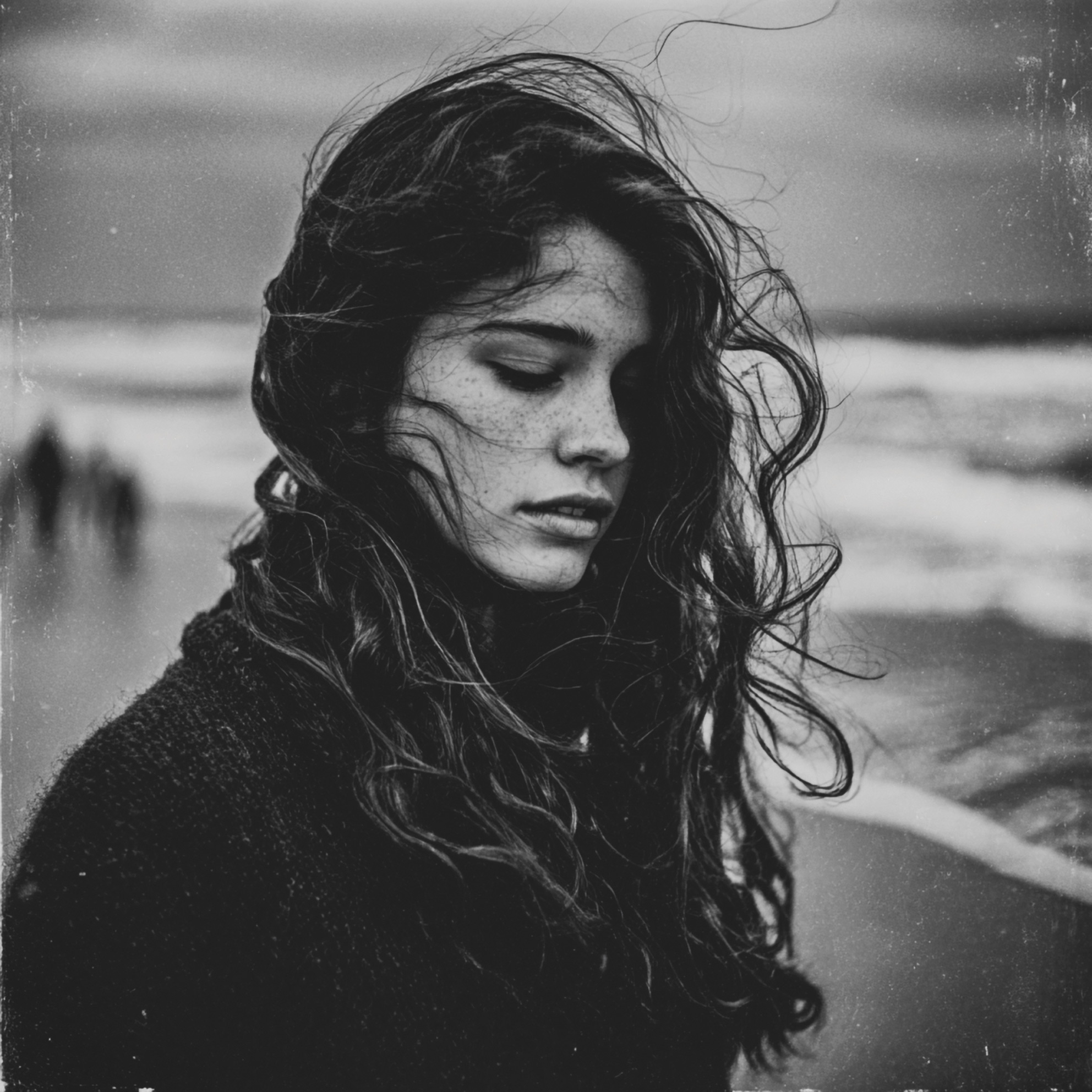 Ritratto in bianco e nero di una donna sulla riva del mare, i capelli mossi dal vento e lo sguardo rivolto verso il basso, atmosfera malinconica e naturale, a black and white portrait of a woman by the sea, wind moving her hair and her gaze lowered, conveying a natural and melancholic atmosphere.