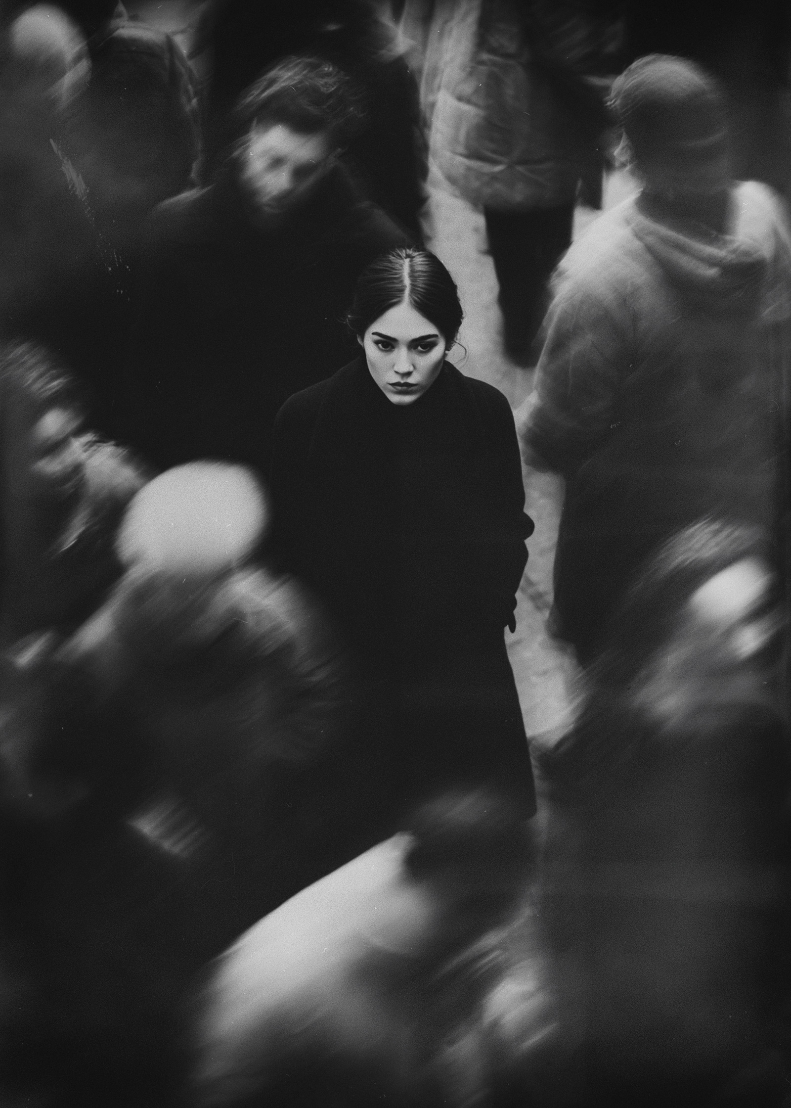 Ritratto femminile immerso nel movimento di una folla sfocata, il soggetto resta nitido e isolato, creando una sensazione di distacco emotivo e sospensione temporale, a female portrait surrounded by blurred motion of a crowd, the subject remaining sharp and isolated, creating a sense of emotional detachment and suspended time.