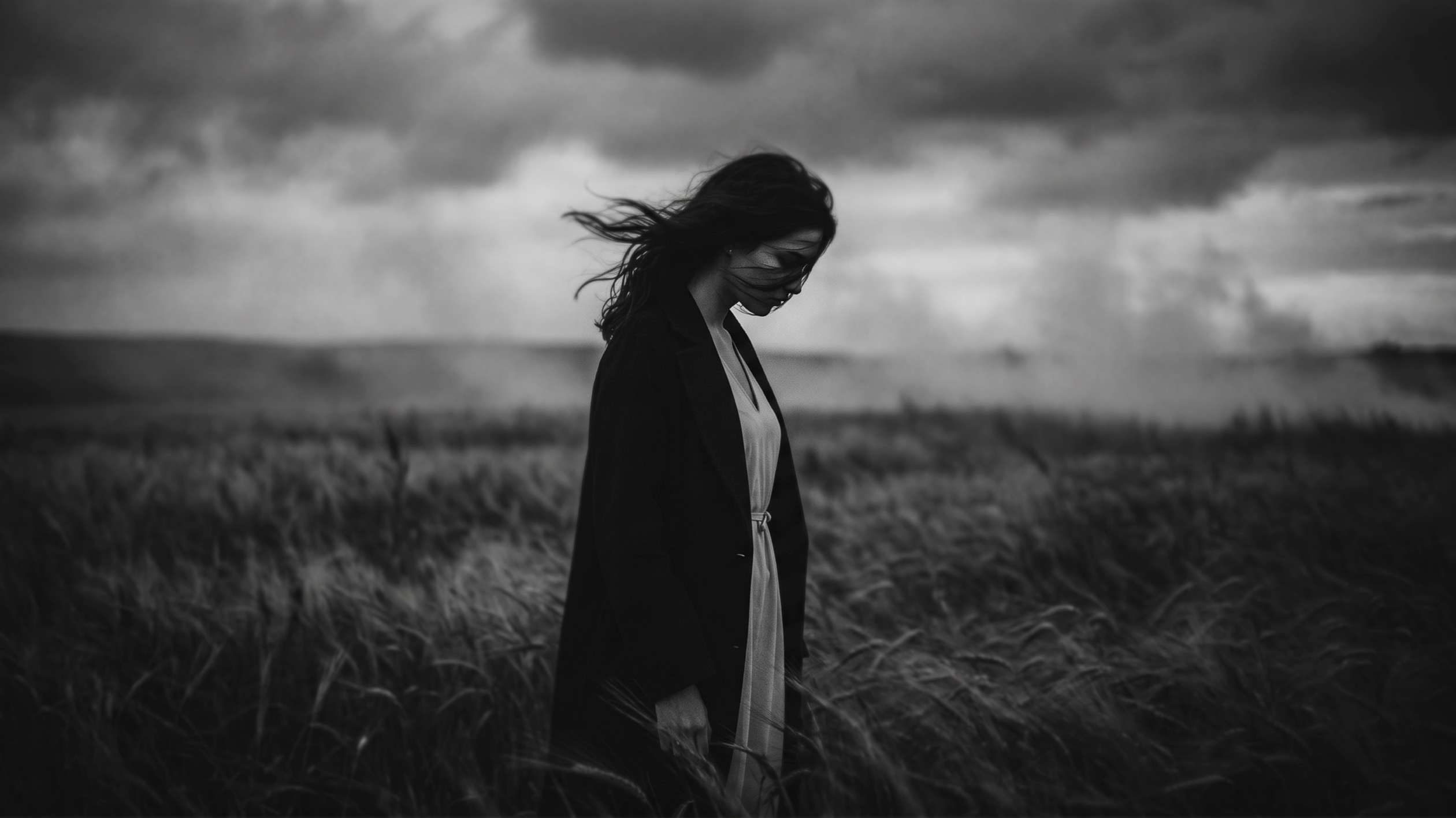 evoluzione del brand fotografico. Donna immersa in un campo mosso dal vento sotto un cielo tempestoso, ritratta in bianco e nero con atmosfera cinematografica e malinconica. Woman standing in a windy field beneath a stormy sky, portrayed in black and white with a cinematic and melancholic atmosphere.