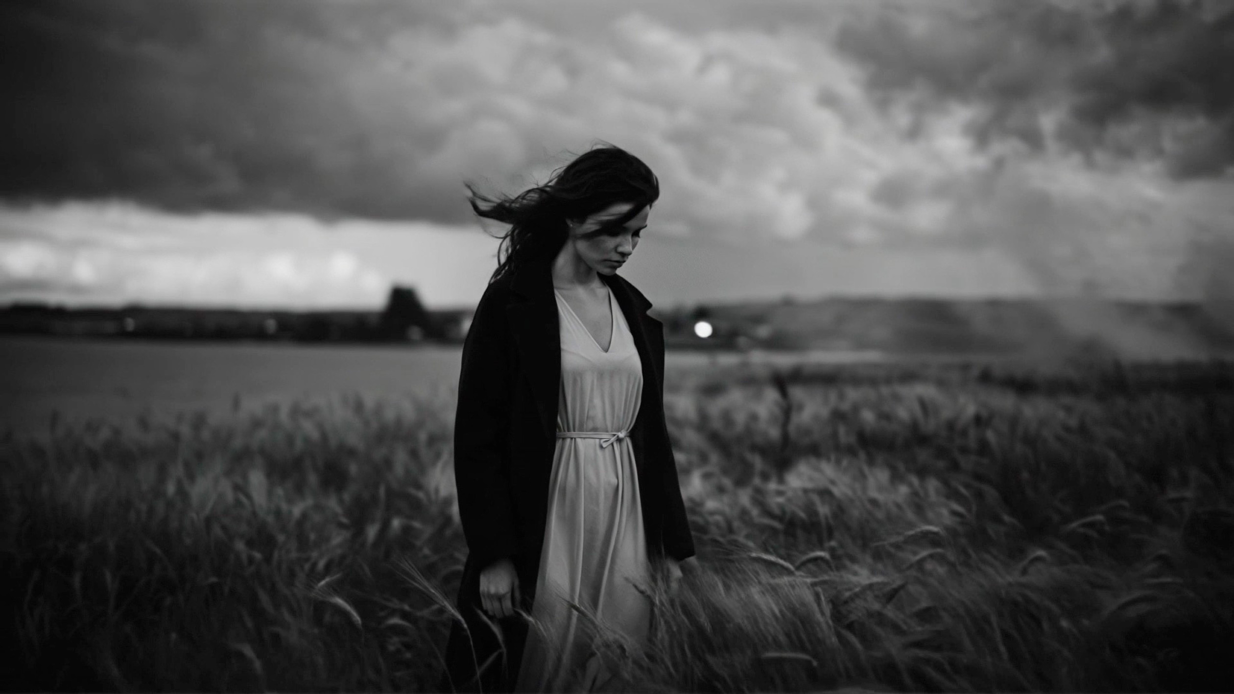 Ritratto in bianco e nero di una donna sulla riva del mare, i capelli mossi dal vento e lo sguardo rivolto verso il basso, atmosfera malinconica e naturale, a black and white portrait of a woman by the sea, wind moving her hair and her gaze lowered, conveying a natural and melancholic atmosphere.